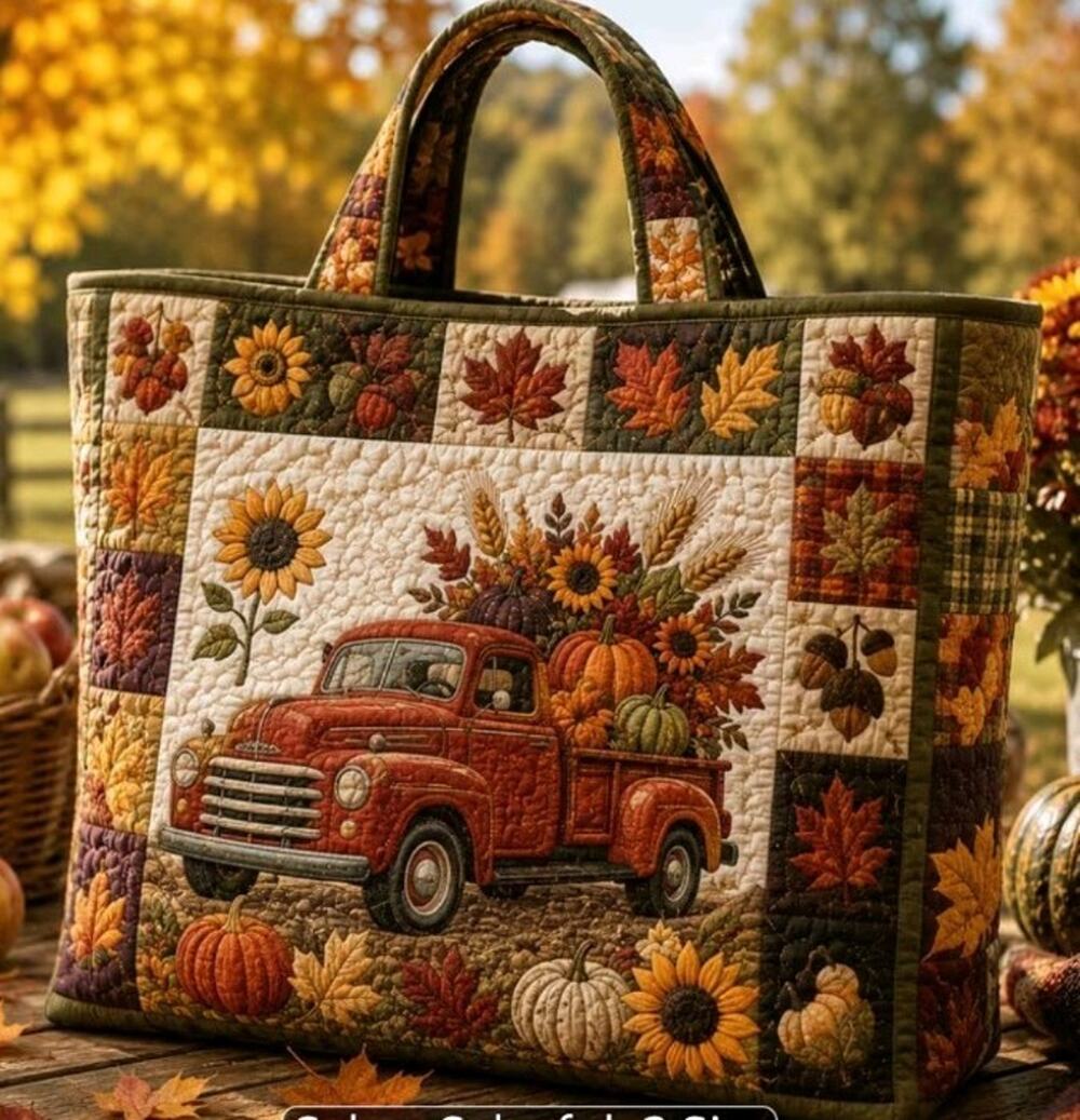 Fall Quilted Tote Bag 17" x 15" tall Sunflower Truck Theme